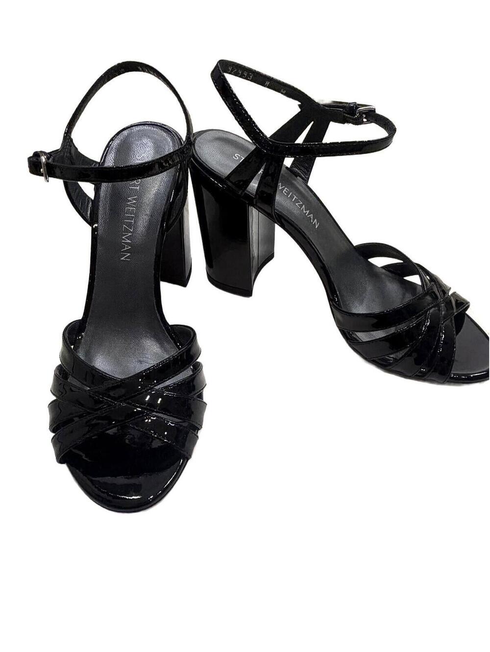 Stuart Weitzman‎ Sandals Black Patent Leather Block Heel Ankle Strap Size 8